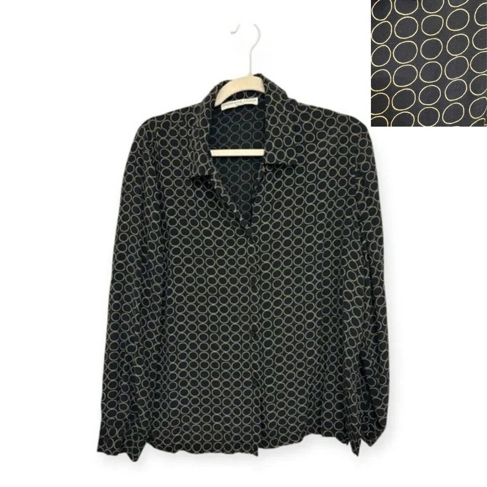 Josephine Chaus Black Gold Geometric Button Down Shirt Retro Mod Petite Small